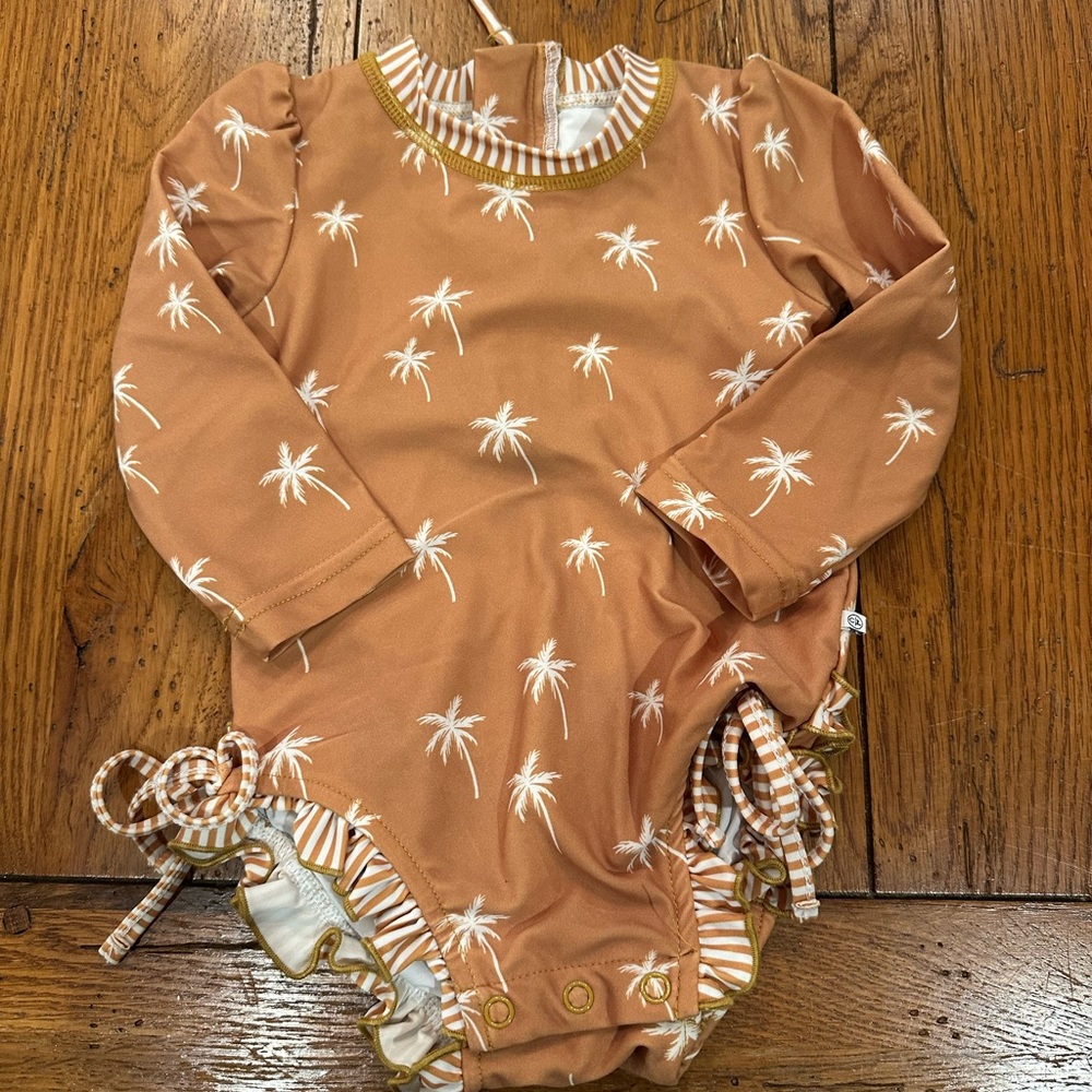 Caden Lane Tan Palm Print Kids Swimsuit